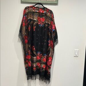 VIRGINIE Floral Black Open Front Cardigan duster with Fringe